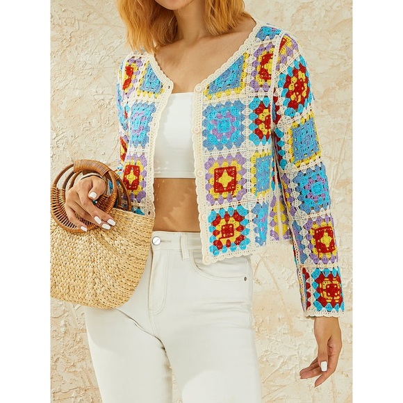 Knit cardigan multicolor long sleeve, classic,‎ loose fit, - Picture 3 of 13